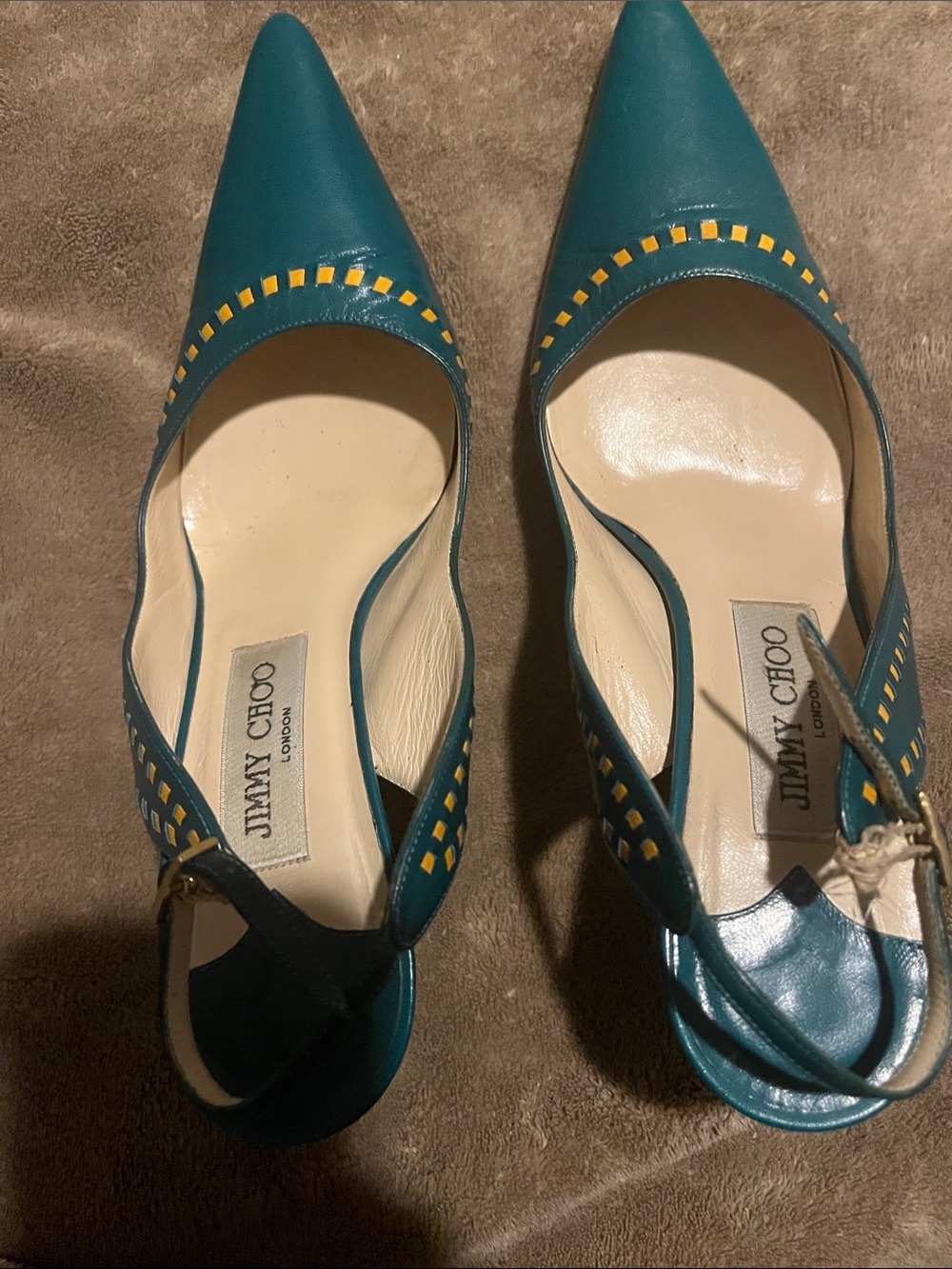 Jimmy Choo Teal Pointed-Toe Slingback Pumps with Yellow Studs